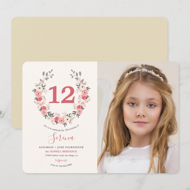 Rose Wreath Birthday Einladung (Vorne/Hinten)