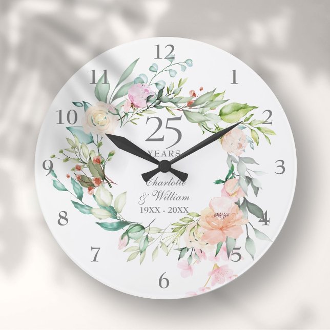 Rose zum 25. Geburtstag der Silbermedaille Große Wanduhr (25th Silver Wedding Anniversary Roses Floral Large Clock)