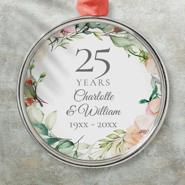 Rose zum 25. Hochzeitstag Ornament Aus Metall (25th Wedding Anniversary Roses Floral Garland Metal Ornament)