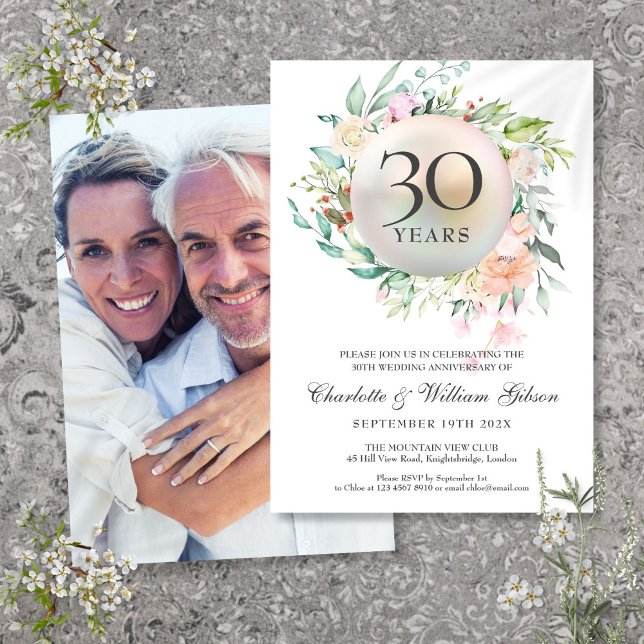 Rose zum 30. Hochzeitstag Blumenperle Foto Einladung (30th Wedding Anniversary Roses Floral Pearl Photo Invitation)