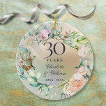 Rose zum 30. Hochzeitstag Garland Pearl Keramik Ornament<br><div class="desc">Dieses elegante botanische 30-jährige Hochzeitssornament mit einer zarten,  blumengeschmückten Aquarellgarage personalisiert mit Jubiläumsinformationen in elegantem Text auf Perlenhintergrund. Entwickelt von Thisisnotme©</div>