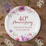 Rose zum 40. Geburtstag der Ruby Pappteller<br><div class="desc">Mit zarten Aquarellfarben-Rose über und unter Ihren personalisierten,  40 Jahre rubinen Hochzeitsinformationen in schicken Schriften. Entwickelt von Thisisnotme©</div>