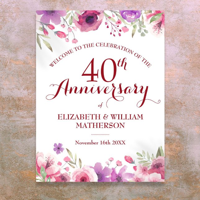 Rose zum 40. Hochzeitstag Begrüßungszeichen Poster (40th Wedding Anniversary Roses Floral Welcome Sign)