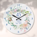 Rose zum 45. Geburtstag der Hochzeit Große Wanduhr<br><div class="desc">Die elegante Botanische Saphir-Jubiläumsuhr mit einer zarten Aquarellblütengarage kann mit Ihrem Jubiläumsdetails-Set in eleganter Typografie personalisiert werden. Entwickelt von Thisisnotme©</div>