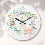 Rose zum 50. Geburtstag der goldenen Hochzeit Große Wanduhr<br><div class="desc">Dieses elegante Botanische 50-jährige Hochzeitstag-Uhrwerk mit einer zarten Aquarellblütengarage kann mit Ihrem besonderen Goldenen Jubiläum-Set in eleganter Typografie personalisiert werden. Entwickelt von Thisisnotme©</div>