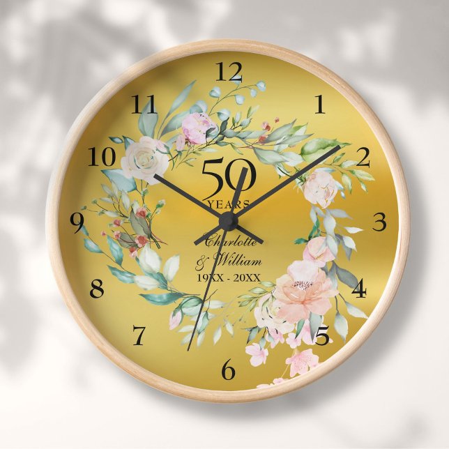 Rose zum 50. Geburtstag der Hochzeit Uhr (50th Wedding Anniversary Roses Floral Gold Foil Clock)