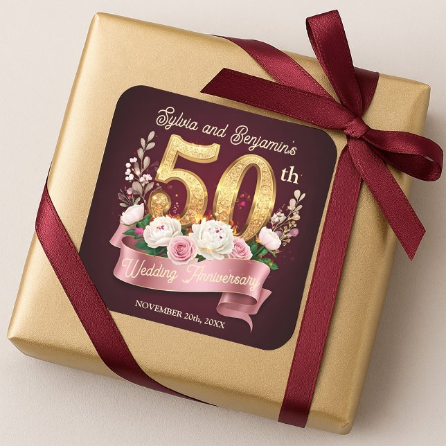 Rose zum 50. Hochzeitstag Laurel Wreath Quadratischer Aufkleber (Von Creator hochgeladen)