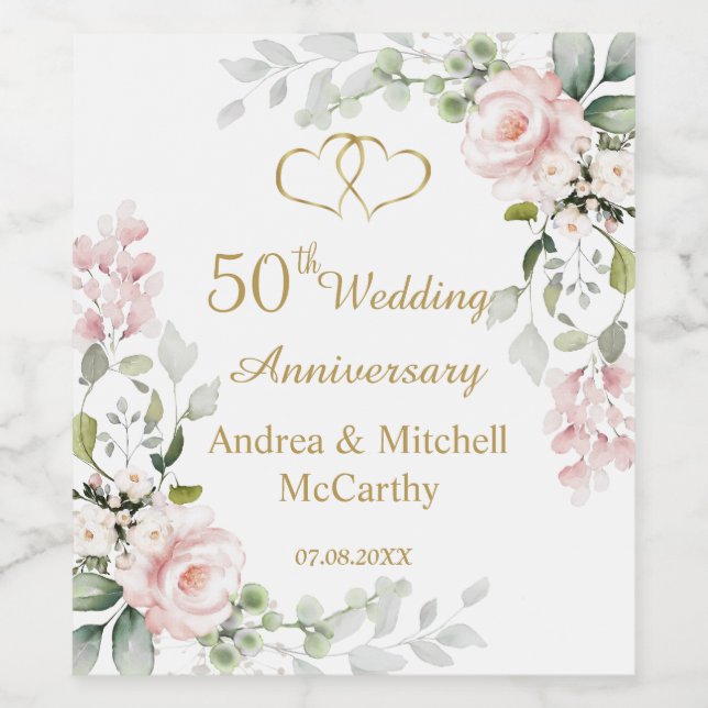 Rose zum 50. Hochzeitstag Weinetikett (Einzelnes Label)