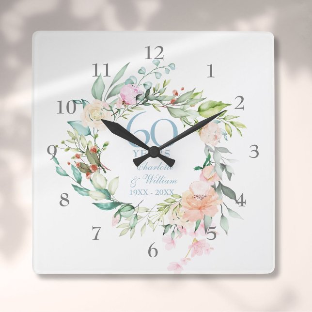Rose zum 60./75. Hochzeitstag Quadratische Wanduhr (60th / 75th Wedding Anniversary Roses Garland Square Wall Clock)