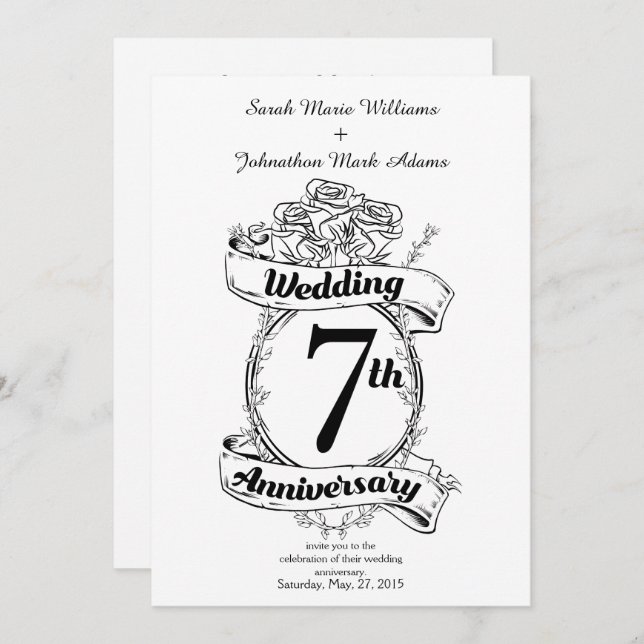 Rose zum 7. Hochzeitstag Einladung (Vorne/Hinten)