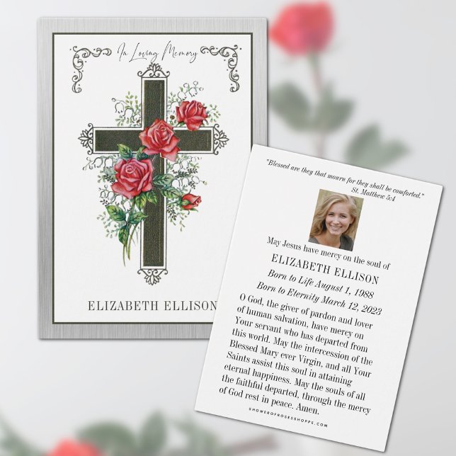 Rose zum christlichen Beerdigungsgebet (Traditional Catholic Funeral Memorial Prayer Card)