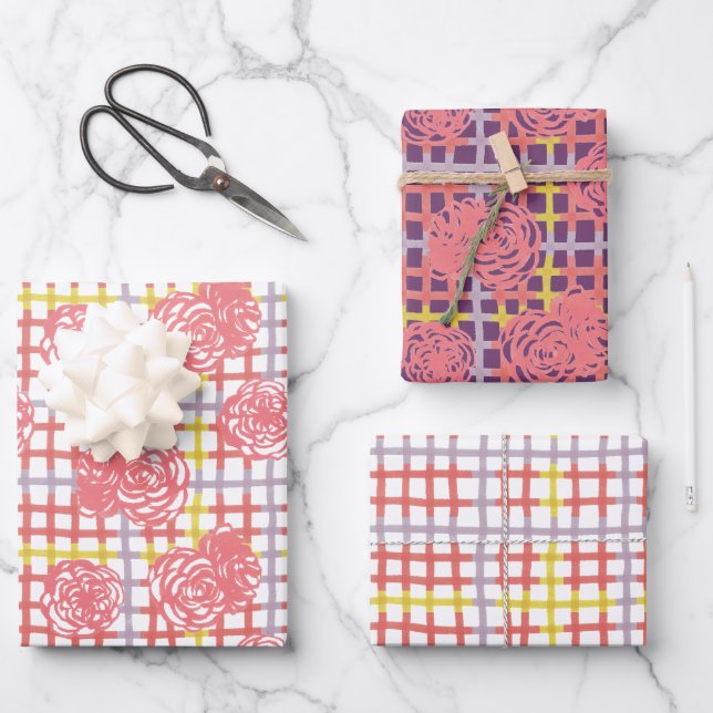 Rose zum Karierten Muster Geschenkpapier Set (Vorderseite)