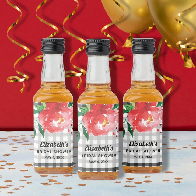 Rose zum Schwarz-weißen Brautparty Mini Alkoholflaschenetikett (Rose on black and white bridal shower mini liquor bottle personalized labels)