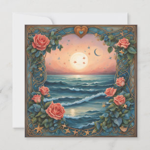 Rose Zwei Monde Ozean Muscheln Valentine Feiertagskarte