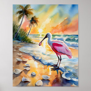 Roseate Spoonbill Florida Sunset Wasserfarbe Poster