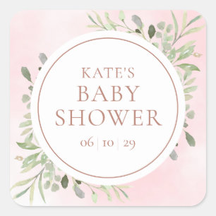 Roségold-Aquarell-Grünzeug-Babyparty Quadratischer Aufkleber