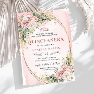 Roségold-Blumen-Eukalyptus-Quinceañera-Einladung Einladung