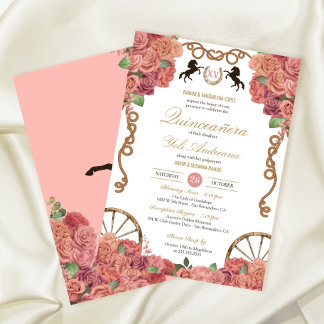 Rosegold Blush Pink Rose Charro Ranch Quinceañera Einladung