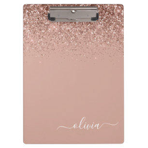 Roségold Blush Rosa Glitter Mädchen Monogramm Name Klemmbrett