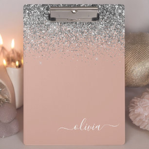 Roségold Blush Rosa Silber Glitter Monogram Girly Klemmbrett