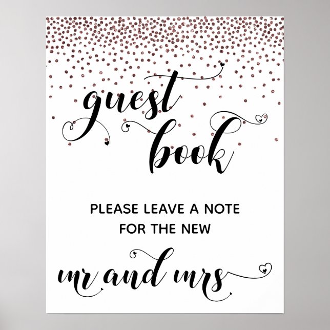 Rosegold Confetti Hearts Guest Book Empfang Signi Poster (Vorne)