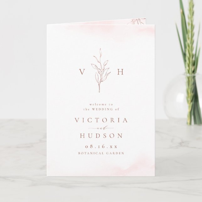 Roségold einfaches botanisches Monogramm-Hochzeit Programm (Vorderseite)