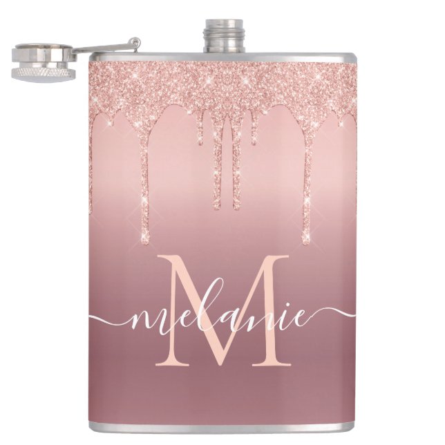 Roségold funkelnde Flasche personalisiert Name Buc Flachmann (Geöffnet)