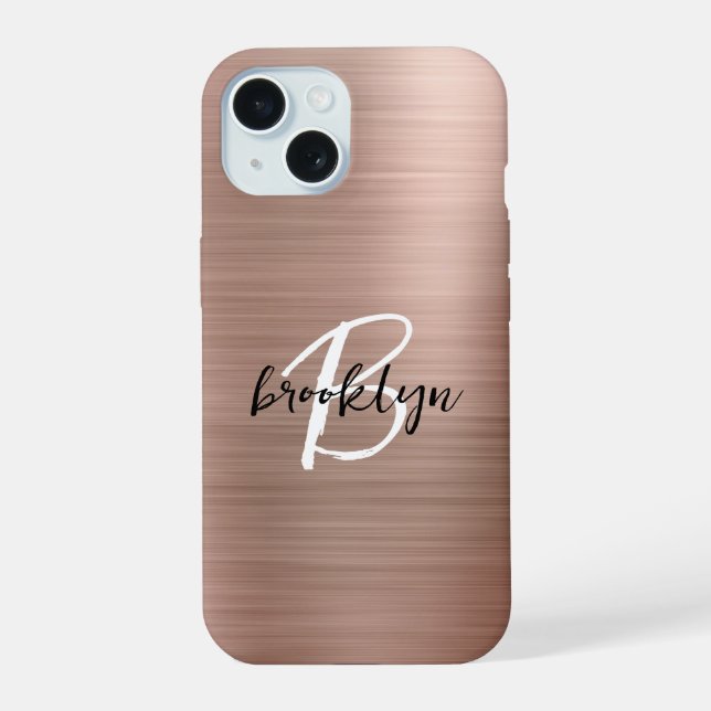 Roségold gebürstetes Metallschrift-Monogramm  iPhone 15 Hülle (Rückseite)