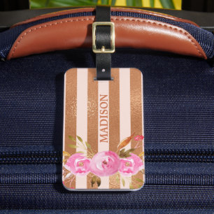 Roségold gestreifte Monogramm-Name Blumen Gepäckanhänger
