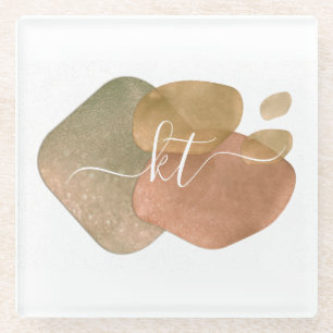 Roségold-Glitter-Abstrakte-Formen-Script-Monogramm Glasuntersetzer