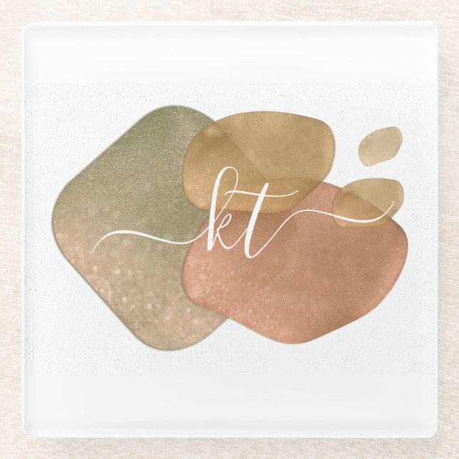 Roségold-Glitter-Abstrakte-Formen-Script-Monogramm Glasuntersetzer (Vorderseite)