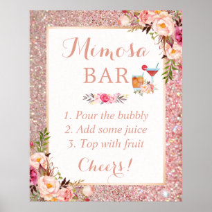 Roségold Glitter Blumen Hochzeitsdusche Mimosa Bar Poster