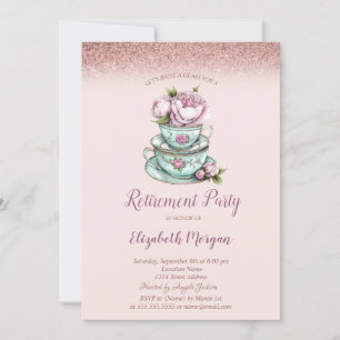 Roségold Glitter Blumen Teetasse Ruhestand Einladung