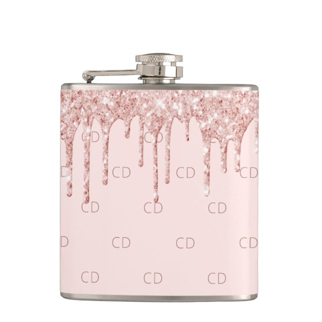 Roségold-Glitter-Blush-Rosa-Monogramm-Initialen Flachmann (Vorderseite)