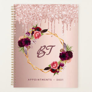 Roségold Glitter Burgunder Blumen Monogramm 2027 Planer