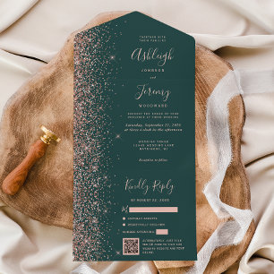 Roségold Glitter Dunkelgrün QR-Code Hochzeit All In One Einladung