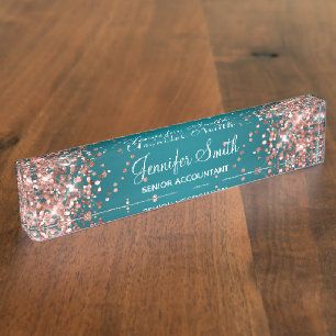 Roségold-Glitter-Dunkeltürkis-Verlauf Namensplakette