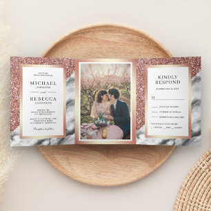 Roségold Glitter Grauer Marmor Foto Hochzeit Dreifach Gefaltete Einladung