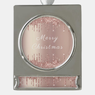 Roségold Glitter Individueller Text Weihnachtsbaum Banner-Ornament Silber