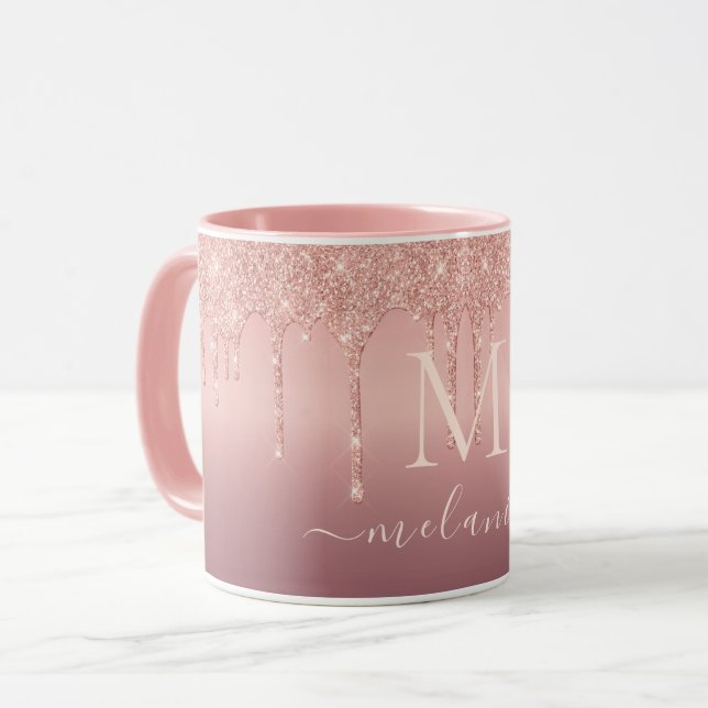 Roségold Glitter Kaffeetasse Dein Name und Buchsta (Vorderseite Links)