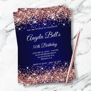 Roségold-Glitter Navy Blau Ombre Fancy Monogramm Einladung