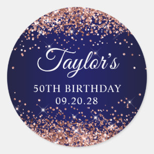Roségold-Glitter Navyblau 50. Geburtstag Runder Aufkleber