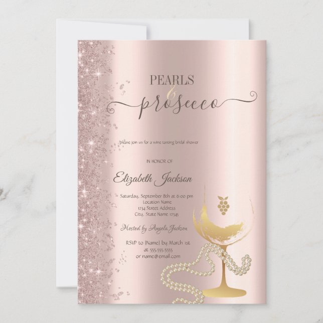 Roségold Glitter Perlen Weinglas Brautdusche  Einladung (Vorderseite)