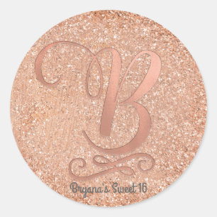 Roségold-Glitter personalisierter Anfangsbuchstabe Runder Aufkleber