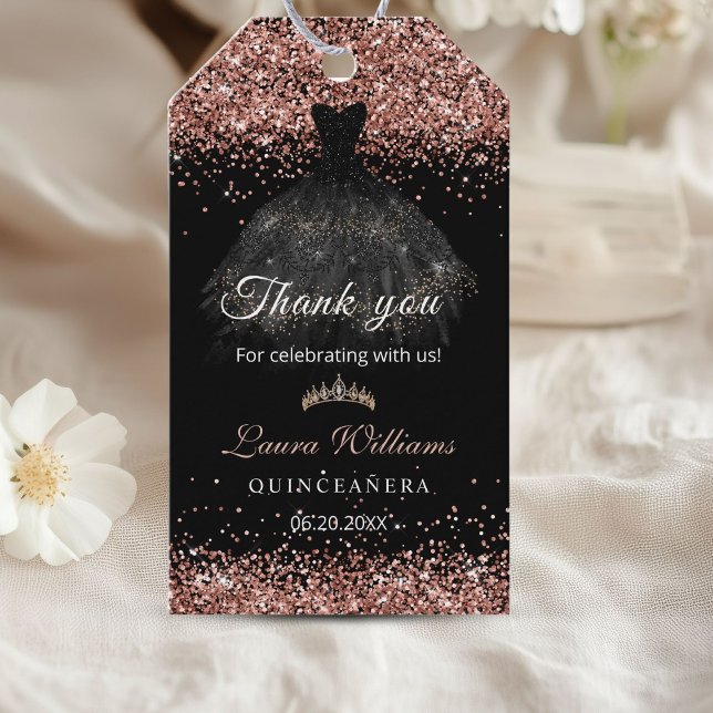 Roségold Glitter Prinzessin Quinceañera Danke Geschenkanhänger (Rose gold and black Dress Princess Quinceañera thank you gift tag)