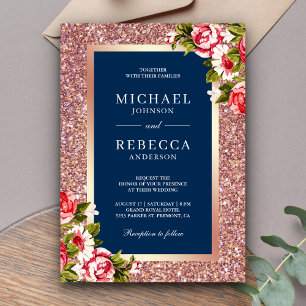 Roségold Glitter Rosa Blumen Navyblau Hochzeit Einladung