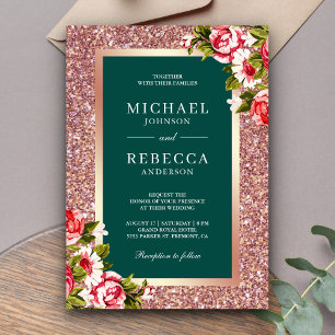 Roségold Glitter Rosa Floral Smaragd Hochzeit Einladung
