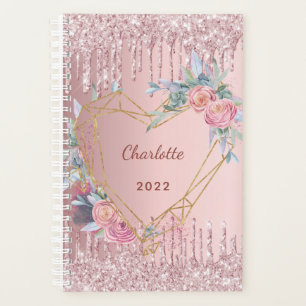 Roségold-glitter rosa florales Monogramm 2023 Planer