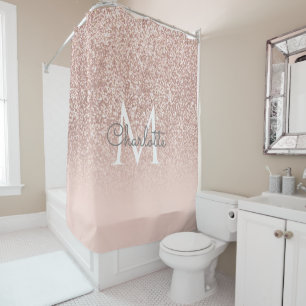 Roségold Glitter Rosa Monogramm Weibliches Skript Duschvorhang