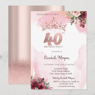 Roségold Glitter Rosen Krone 40. Geburtstag Einladung